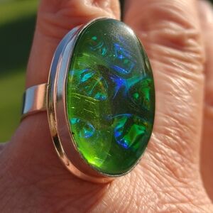 Green Triplet Opal Gemstone Ring in 925 Solid Sterling Silver (Size 7)